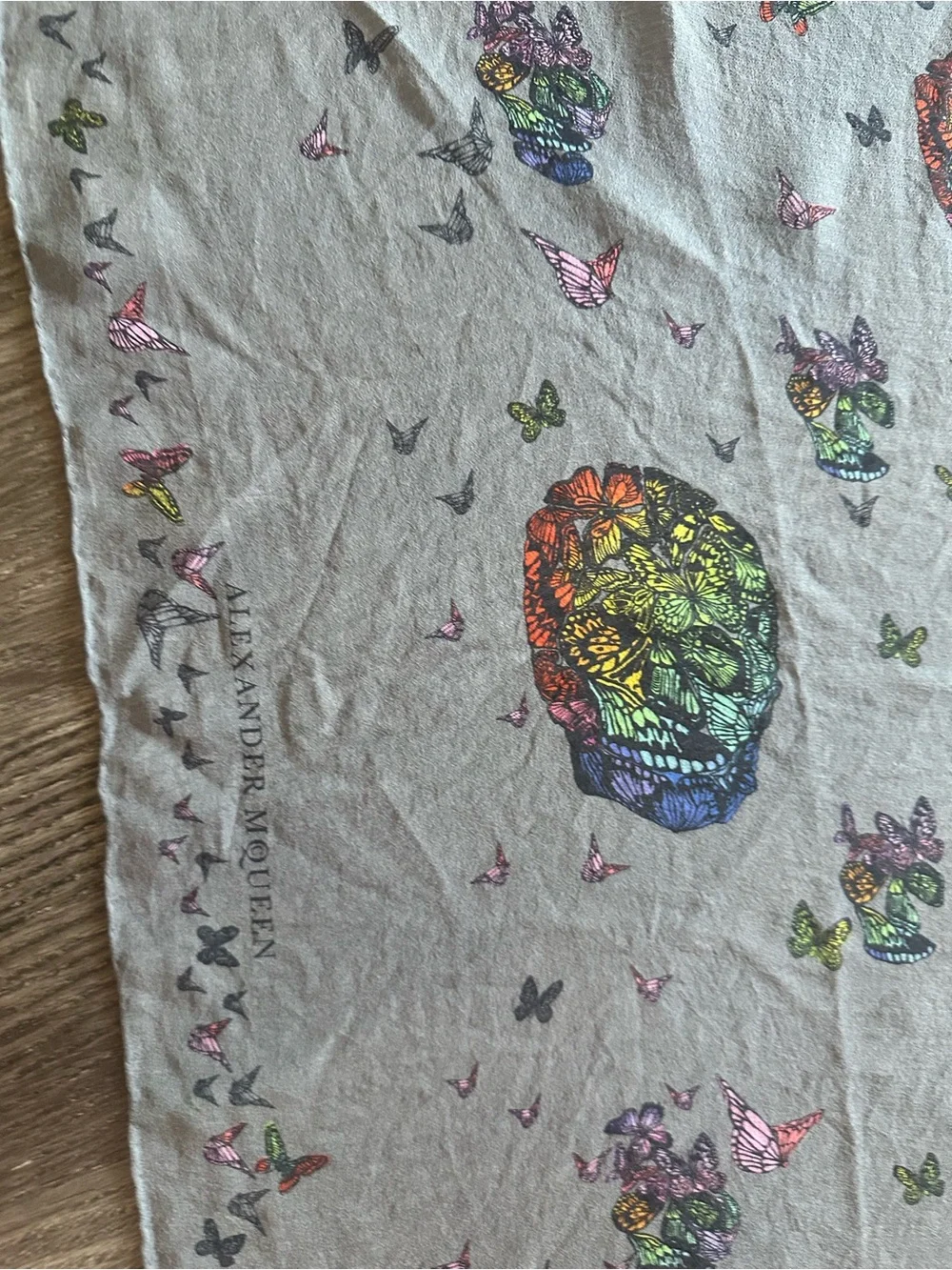 Alexander McQueen Butterfly Skull 100% Silk Scarf Grey Multicolor